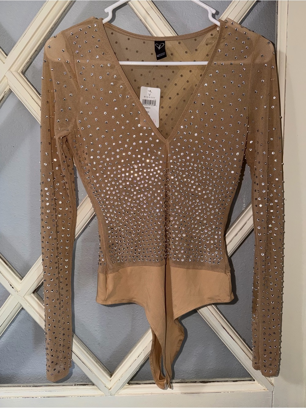 Windsor Nude Crystal-Studded V-Neck Long Sleeve Bodysuit